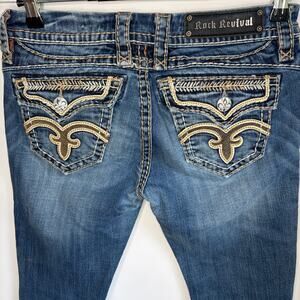 Rock Revival Anja Boot Embroidered Jeans 28 Low Rise Thick Stitch  Y2K 2000s